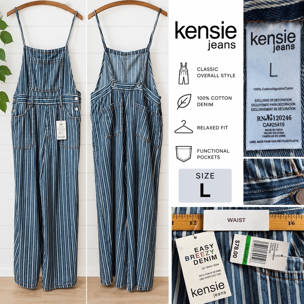 Kensie Jeans Ticking Stripe Denim Overalls Relaxed Fit Blue White Size L NWT